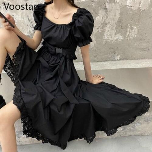 Japanese Black Gothic Lolita Dress Summer Women Streetwear Puff Short Sleeve Lace Ruffles Irregular Dress Girl Slim Punk Dresses