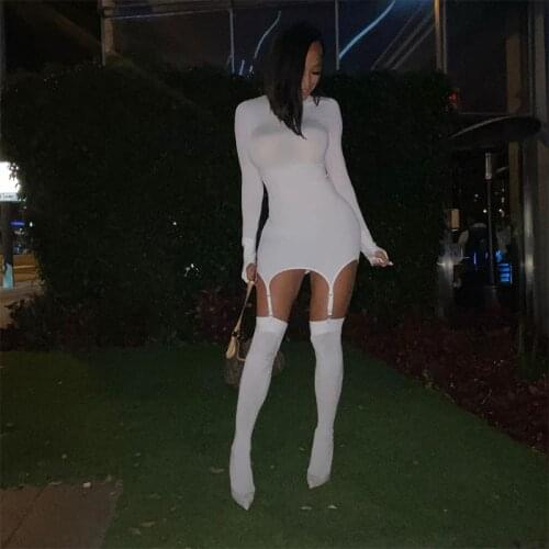 Sexy Womens Dress With Hook Socks Solid Color Long Sleeved Dresses Slim Fit Hip Party Club Party Mini Bodycon Black White Dress