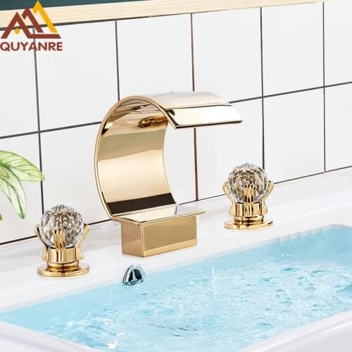 Quyanre Gold Basin Faucet Bathroom Waterfall Sink Faucet Widespread Hot Cold Water Mixer Tap Waterfall Bathroom Faucet torneiras