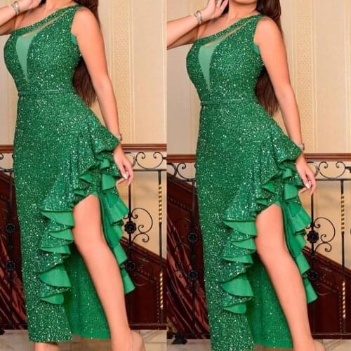 Sparkly prom dresses green 2020 one shoulder side slit ruffle ankle length shinning evening dresses party dress