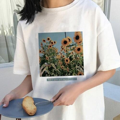Top Woman Clothes Flowers Letter Print Womens T-shirts Short Sleeve O-Neck Tee Harajuku Style Women Tshirts Oversize T Shirts