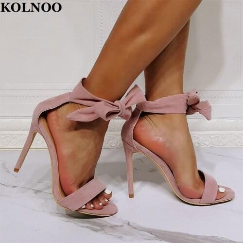 KOLNOO Handmade Real Photos Womens High Heeled Sandals Butterfly-Knot Open-Toe Sexy Pink Leather Party Prom Fashion Daily Shoes