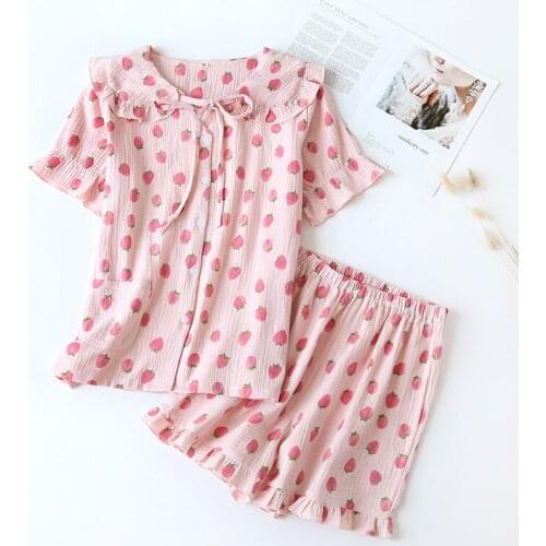 Ladies Summer New 2PCS Pajamas Set Sweet Peach Print Nightwear Cute Ruffles Sleepwear Lounge Pyjama Short Shorts Cotton Homewear