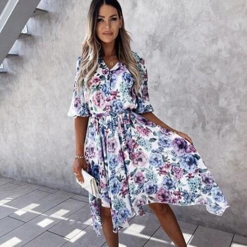 Floral Irregular Midi Spring Summer Clothes Dress For WomenS Vetement Femme 2021 Sukienka Sundress Vintage Casual Dress Female