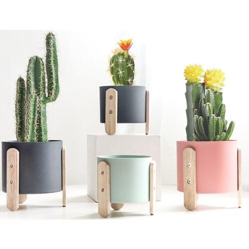 1pc Macaron Color Flowerpot Iron Planter Pot with Wooden Stand Home Decor Craft Green Plant Pot with Hole