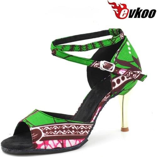 2017 Evkoodance 8cm 10cm Green Africa Print Soft Sole Satin Ballroom Salsa Latin Dance Shoes for Women Evkoo-463