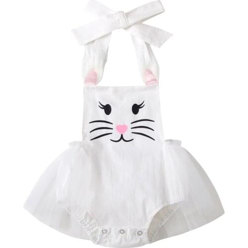 2021-03-01 Lioraitiin 0-24M Newborn Baby Girl Easter Clothing Sleeveless Buuny Printed Lace Patchwork Jumpsuit Romper
