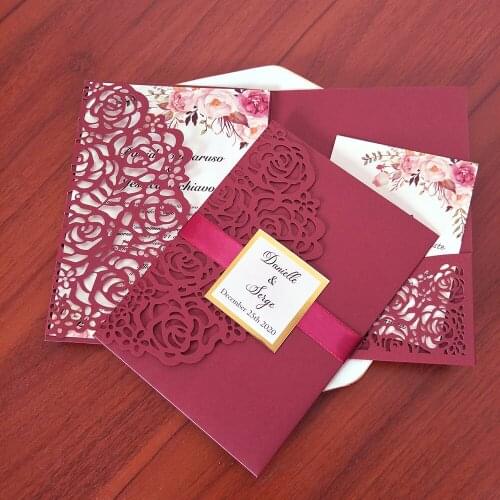 50x Rose Burgundy Wedding Cards with Spring Flower Personalized Printing DIY Shiny Invitations For Bridal Shower Party Favors