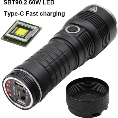 60W SBT90.2 LED Flashlight Type C USB Rechargeable 18650 Battery Work Light SBT90 Torch Lantern Mobile Power Bank for Cell Phone