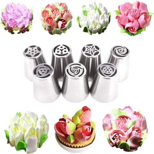 7pcs/set Stainless Steel Russian Tulip Icing Piping Cake Nozzles Pastry Decoration Tips Cake Cupcake Decorating Fondant Baking