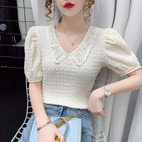 Women Blouse 2021 Summer New Style V-neck Beaded Puff Sleeves Pure Color Slim Lace Short-sleeved Pullover Blouses Top Female