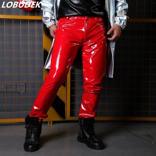 New Stage DJ Hip Hop PU Leather Trousers Singer Dancer Punk Costume Motorcycle Leather Pants Fashion Slim Fit Faux Leather Pants
