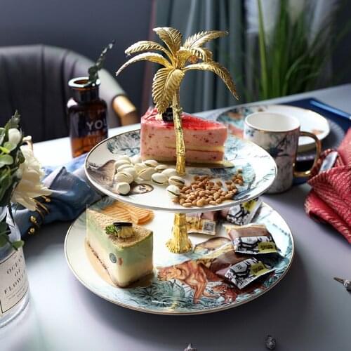 Household Ceramic Fruit Tray Creative Jungle Animal Double Layer Cake Stand Living Room Dried Fruit Round Tray Table Decoration