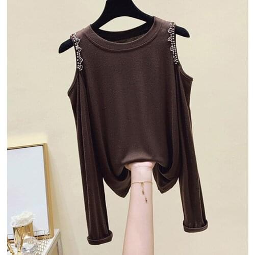Black Cotton Off Shoulder Womens T-shirt Solid Embroidered Flares Long Sleeve Tees Korean Fashion Top Femme Spring Autumn 2021