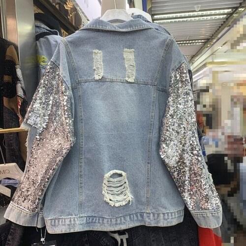 Euro Spring Autumn New Sequined Womens Denim Jackets High Street Fashion Loose Fit Personality Hole Ripped Casual Cowgirl Coats