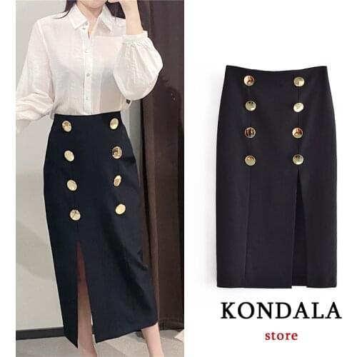 KONDALA Za Womens Skirts Double Breasted Front Split Chic Black Midi Skirts High Waist Strentch Office Lady Skirts