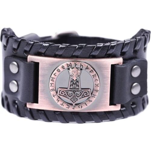 Leather Thors Hammer Viking Bracelet Leather Braided Hand Rope Nordic Rune Amulet Mens Bracelet