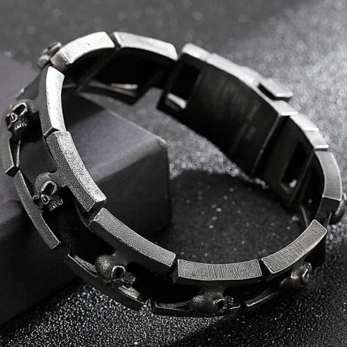 Skull Head Mens Leather Bracelets On Hand With Belt Buckle Stainless Steel Hand Bands For Men Male Wristbands Big Size 24/25CM