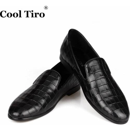 COOL TIRO Crocodile pattern Men Loafers Smoking Slippers Mens Moccasins Genuine Leather Flats Formal Wedding Dress Shoes Casual