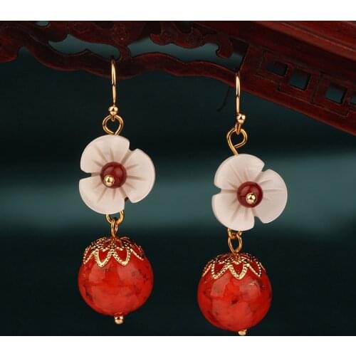 MYWINY 2019 New red nature stones earrings dangle ethnic shell flower earrings vintage fashion jewelry for women and girl gift