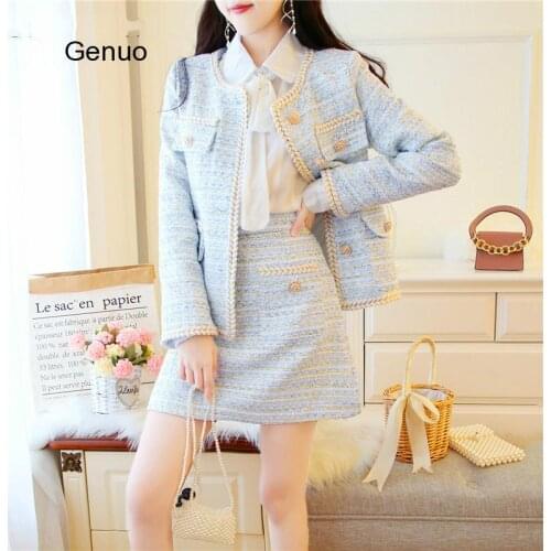 Autumn And Winter New Temperament Plaid Tweed Suit Women Single-breasted Pocket Jacket Coat+Mini Skirt 2 Piece Set 2019