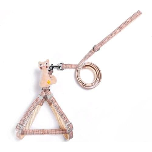 Small Dog Leash and Collar Set Cute Kitten Embroidery Harness Plaid Cotton Halter 4 Color for Little Dogs Leads Cat Accessories
