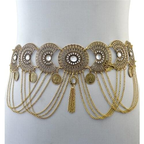 Adjustable Waist Chain Ladies Retro National Style Hollow Out Tassels Rhinestone Temperament Gold Silver High Quality Alloy Belt