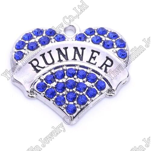 Rhodium Plated Pink/Blue/White Word Pendant RUNNER Crystal Heart Pendant For Necklace Making