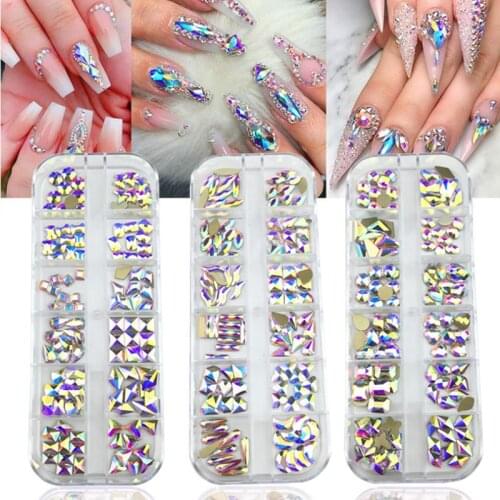 Swarovsky 12 Grids 1 Box Of Mixed Design Rhinestone Diamond Flat Bottom Rhinestone Glitter Glass Nail Art Crystal 3D Nail Art