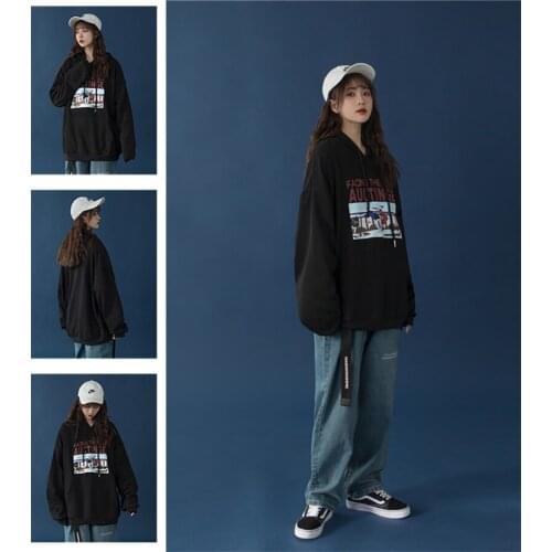 Cotton element Hong Kong style long-sleeved printed thin womens spring and autumn Korean loose loose clothes tide