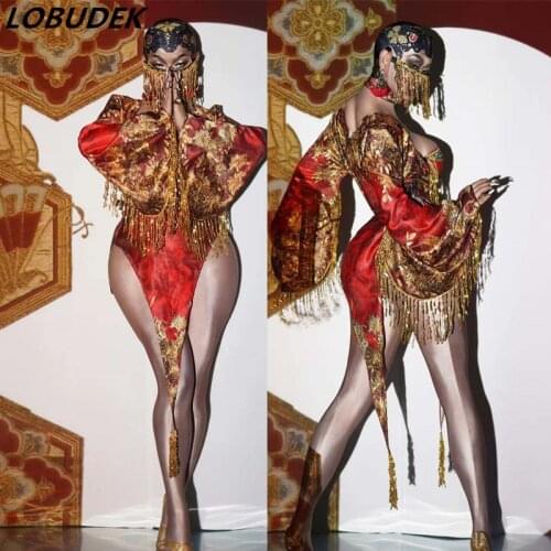 Chinese Style Vintage Red Sequins Fringe Slit Dress Dance Costume Sexy Bar Club Women Singer Performance Stage Wear Party Outfit