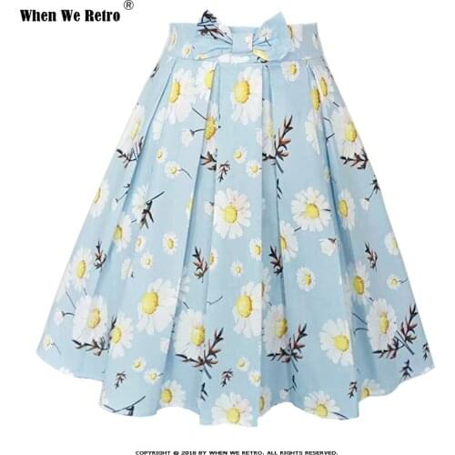 Plus Size Y2K Jupe Pleated Skirts SS0012 50s Vintage Cotton Floral Daisy Printed Light Blue Summer Skirt with Pockets