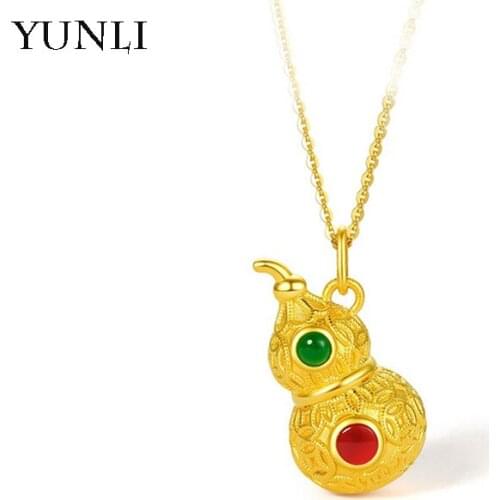 YUNLI Real 18K Gold Gourd Pendant Necklace And Agate Stone Pure AU750 Chain Fine Jewelry Wedding Gift for Women