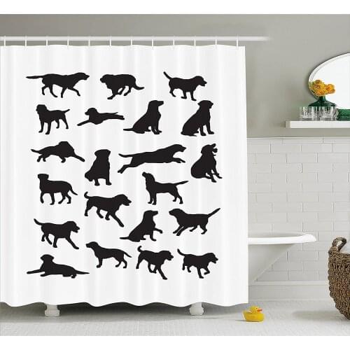 Labrador Shower Curtain Black Silhouettes of Pets in Various Positions Friendly Playful Dog Breed Bath Curtain For Bathroom