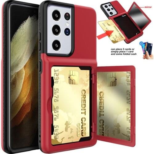 Card Slot Wallet Make Up Mirror Back Cover Flip Case for Samsung Galaxy S21 Ultra Plus Wallet Card Hidden Credit Card Cover S21