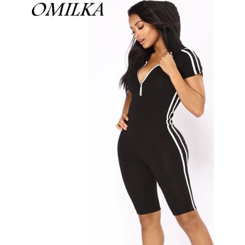 OMILKA Rompers and Jumpsuits 2018 Summer Women Short Sleeve Hooded Front Zipper Black Bodycon Side Striped Knee Length Playsuits