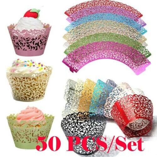 50pcs Cupcake Wrappers Filigree Vine Lace Cup Wrap Liners Wedding Party Decor Hollow Cake Paper Bakeware
