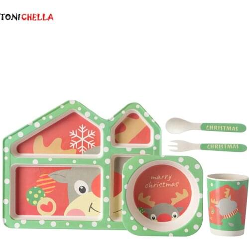 Toddler Bamboo Vegetable Plate Baby Feeding Tray Set Children Tableware Kids Meal Dinnerware Cottage Shape Dishes Bowls T0552