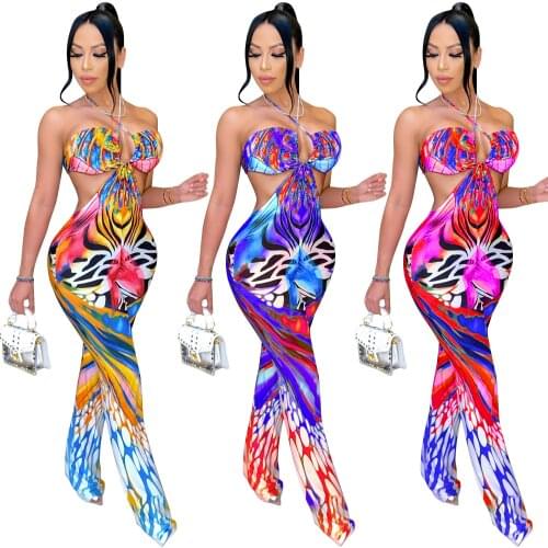 Cutubly Hollow Out Sexy Jumpsuits Summer Boho New Print Jumpsuits For Women Halter Club Party Rompers And Jumpsuits For Women