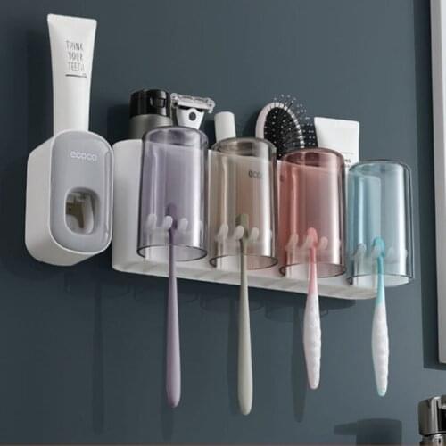 New Toothbrush Holder Punch-free Mouthwash Cup Bathroom Wall-mounted Toothpaste Squeezer Set Toothpaste Dispenser Dropshipping