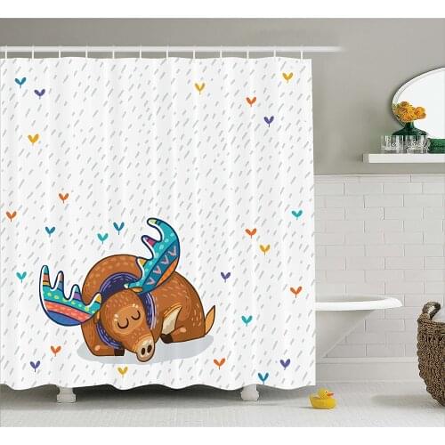 Moose Shower Curtain Colorful Antlers Boho Deer Retro Artsy Winter Rain Pattern Rainbow Hearts Animal Theme Bathroom Decor