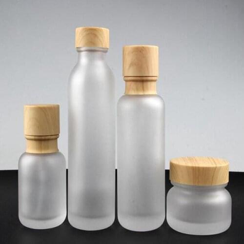 Frosted Glass Jar Lotion Cream Bottles Round Cosmetic Jars Hand Face Lotion Pump Bottle with wood grain cap #M9120