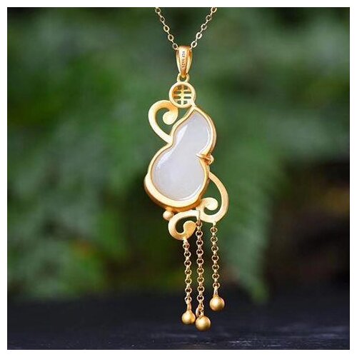 Natural Hetian Jade S925 Sterling Silver Pendant Womens Small Calabash Jade Silver Gilding Craft Necklace Retro Chinese Style