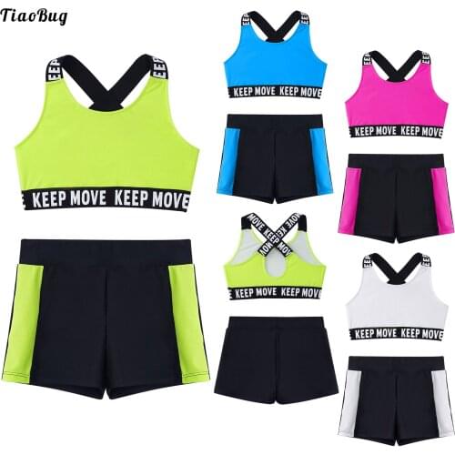 TiaoBug Kids Girls Summer 2Pcs U Neck Cross Straps Open Back Color Block Patchwork Vest And Shorts Set For Swimming Yoga Dance