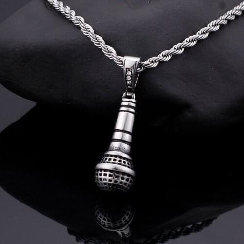 Crystals 316L Stainless steel Hip hop necklace microphone pendant chain necklace Gothic Roker jewelry LARGE SIZE