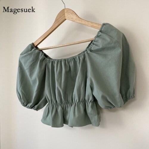 Summer Short Tops Fashion Sexy Slash Neck Off Shoulder Short Sleeve Women Blouse Slim Ruffled Elastic Waist Solid Shirt 13560