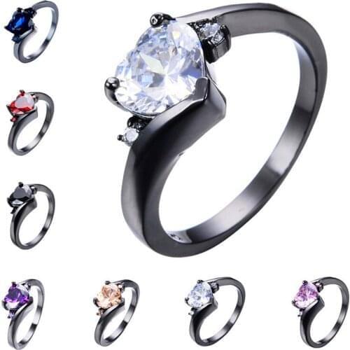 Cute Female Small White Heart Ring Vintage Crystal Black Gold Wedding Rings For Women Promise Black Purple Red Engagement Ring