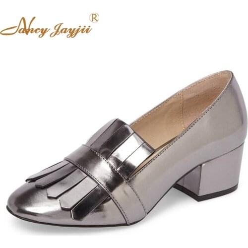 Silver tassel ladies Chunky Heels shoes spring and autumn patent Pumps shoes wear party casual wedding office occupation large