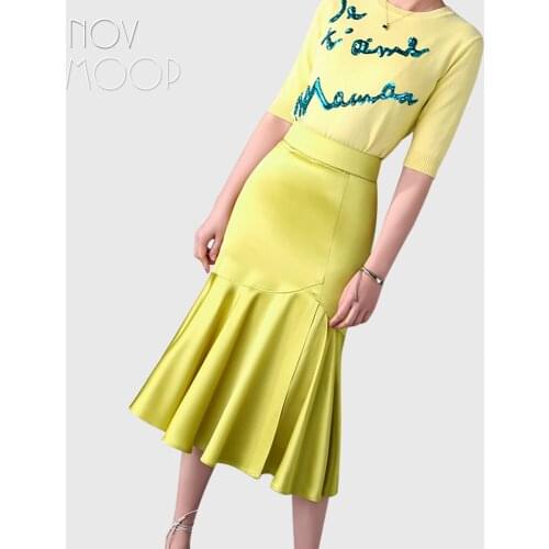 Novmoop high grade imported acetate fabric women satin mermaid skirt heavy silky drappery European style elegant daily LT3531