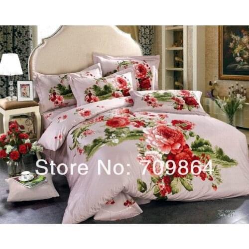 Luxury 100% Cotton Printed Flower Bedding Set Wedding Bed Sheet Cover set Duvet Cover Pillowcase Queen King 4pcs Pink rose lily